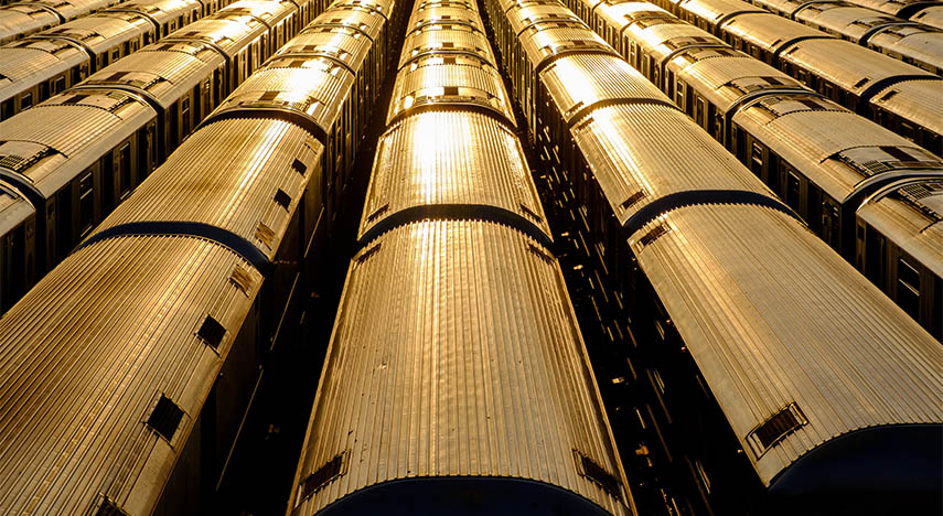 Rows of subway cars lined up