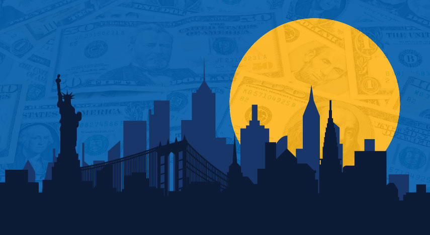 graphic of new york city skyline and statue of liberty with varying amounts of United States currency in paper dolls in the background