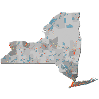 Map of New York State facility permits and registrations for monitoring air quality.