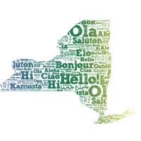 Map of NY state with hello written in multiple languages on it.
