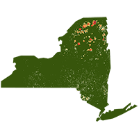 Map of New York State with counties colored in varying shades of red. 